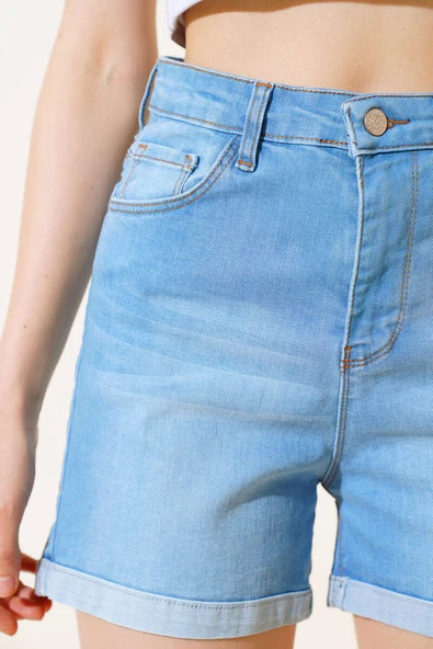 Duble Paça Kot Şort Açık Mavi - Resim 4