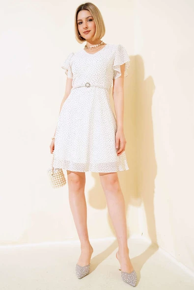 Nokta Desen Kemerli Elbise Ekru - Resim 2