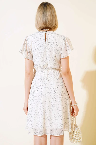 Nokta Desen Kemerli Elbise Ekru - Resim 3