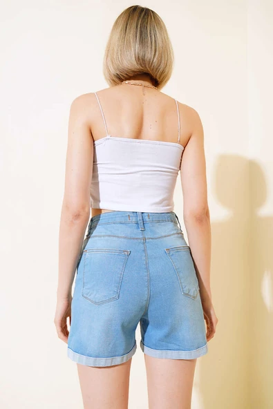 Duble Paça Kot Şort Açık Mavi - Resim 3