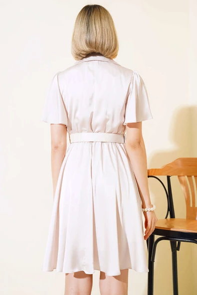 V Yaka Saten Elbise Bej - Resim 3