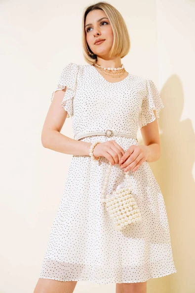 Nokta Desen Kemerli Elbise Ekru ürün görseli 1