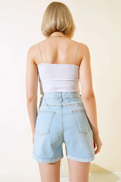 Duble Paça Kot Şort Buz Mavisi - Resim 3