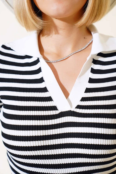 Çizgili Triko Bluz Beyaz - Resim 4