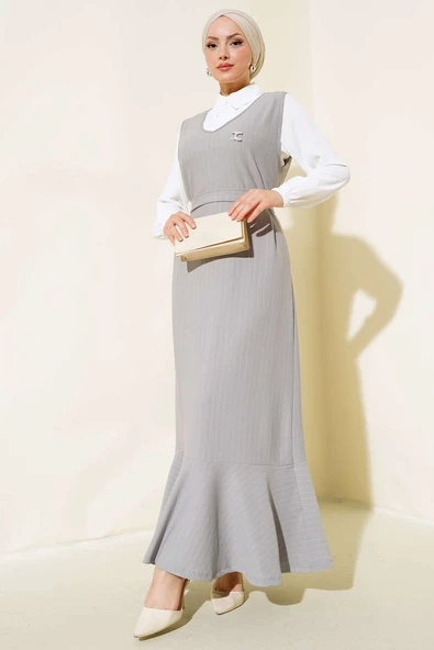 Çizgili Gömlekli Elbise Taş Gri ürün görseli 1