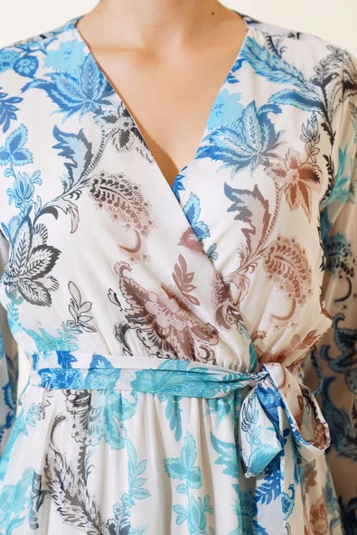 Kruvaze Yaka Kuşaklı Elbise Mavi - Resim 4