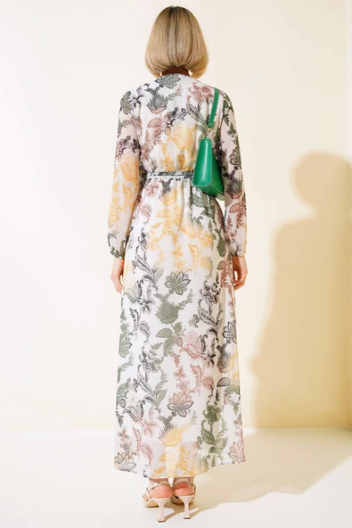 Kruvaze Yaka Kuşaklı Elbise Haki - Resim 3