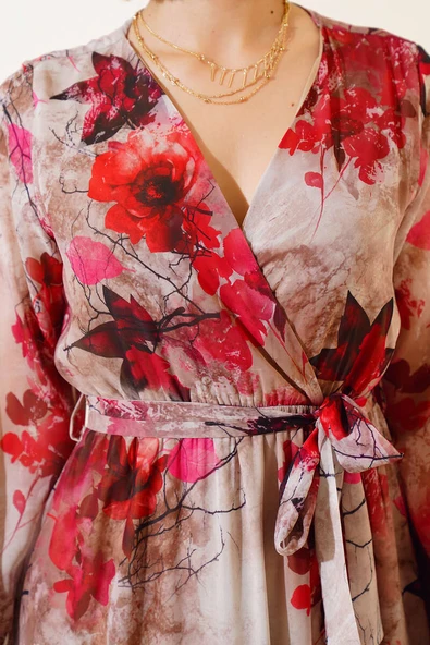 Karışık Desen Kruvaze Yaka Elbise Kırmızı - Resim 4