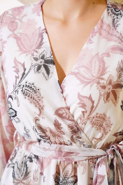 Kruvaze Yaka Kuşaklı Elbise Pudra - Resim 4