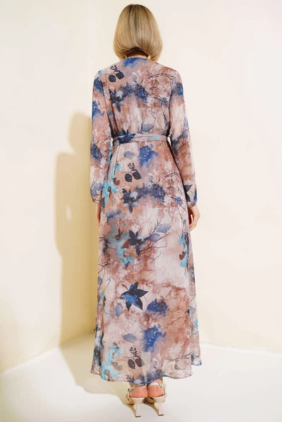 Karışık Desen Kruvaze Yaka Elbise İndigo - Resim 3