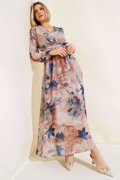 Karışık Desen Kruvaze Yaka Elbise İndigo ürün görseli