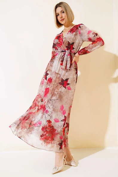 Karışık Desen Kruvaze Yaka Elbise Kırmızı ürün görseli 1