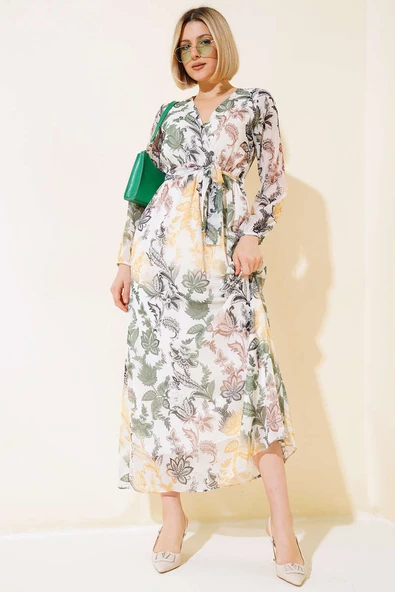 Kruvaze Yaka Kuşaklı Elbise Haki ürün görseli