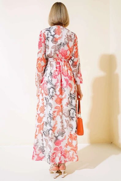 Kruvaze Yaka Kuşaklı Elbise Oranj - Resim 3