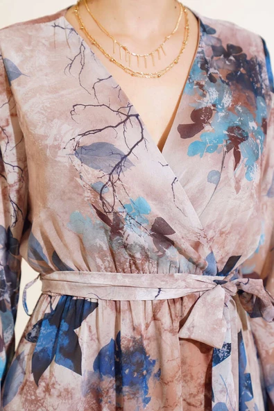 Karışık Desen Kruvaze Yaka Elbise İndigo - Resim 4