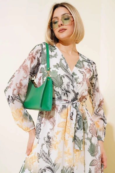 Kruvaze Yaka Kuşaklı Elbise Haki - Resim 2