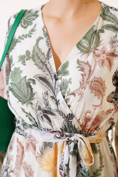 Kruvaze Yaka Kuşaklı Elbise Haki - Resim 4