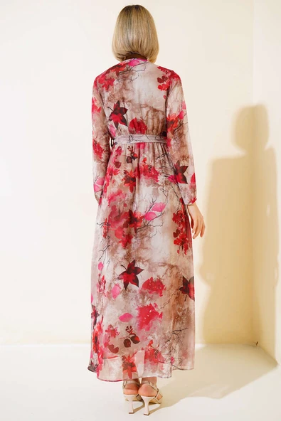 Karışık Desen Kruvaze Yaka Elbise Kırmızı - Resim 3