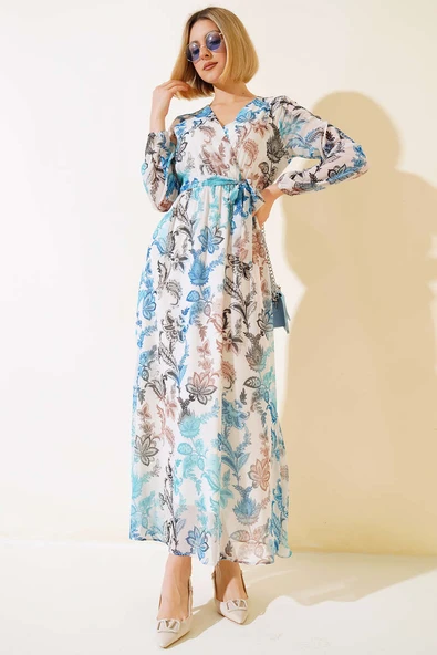 Kruvaze Yaka Kuşaklı Elbise Mavi ürün görseli 1