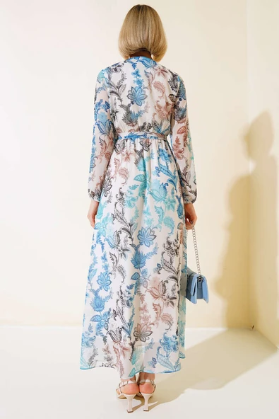 Kruvaze Yaka Kuşaklı Elbise Mavi - Resim 3