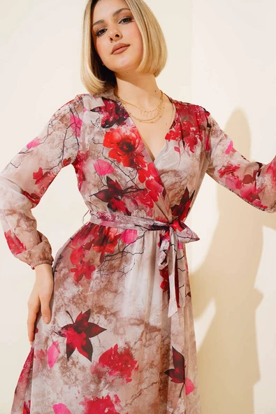 Karışık Desen Kruvaze Yaka Elbise Kırmızı - Resim 2