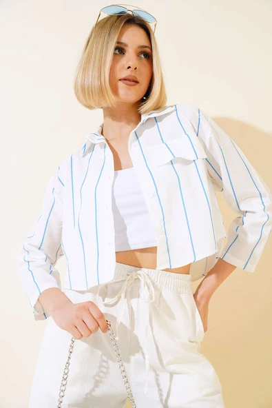 Çizgili Crop Gömlek Mavi - 2