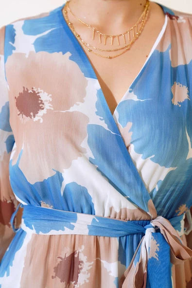 Kruvaze Yaka Desenli Şifon Elbise İndigo - Resim 4