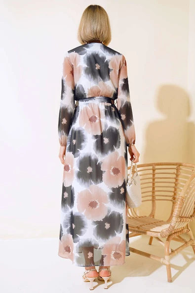 Kruvaze Yaka Desenli Şifon Elbise Siyah - Resim 3