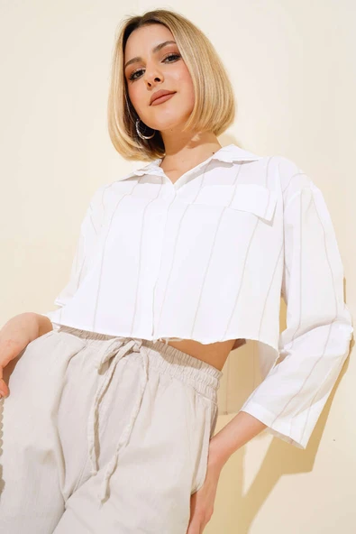 Çizgili Crop Gömlek Latte - 2