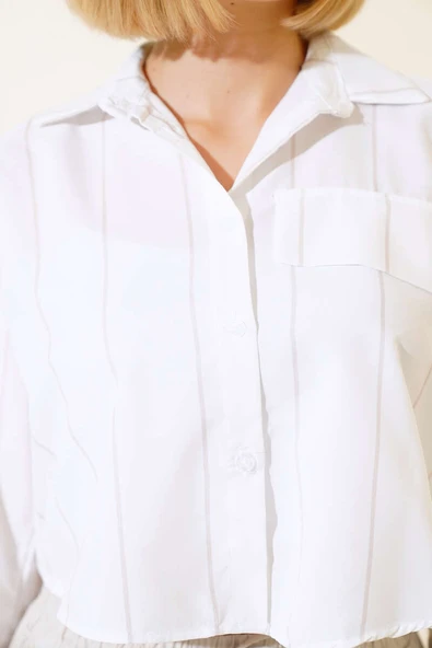 Çizgili Crop Gömlek Latte - 4