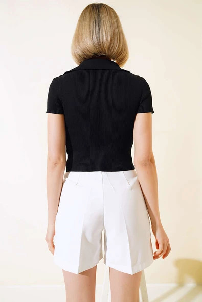 Gömlek Yaka Triko Bluz Siyah - 3