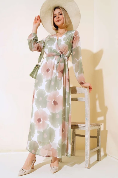 Kruvaze Yaka Desenli Şifon Elbise Çağla Yeşili ürün görseli