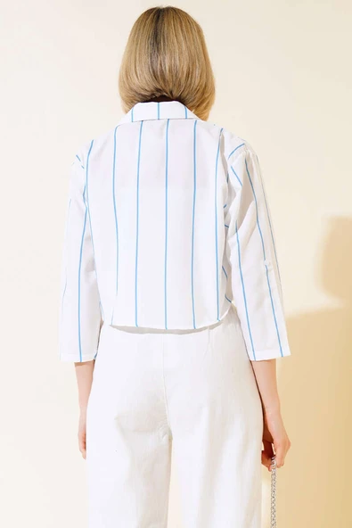 Çizgili Crop Gömlek Mavi - 3