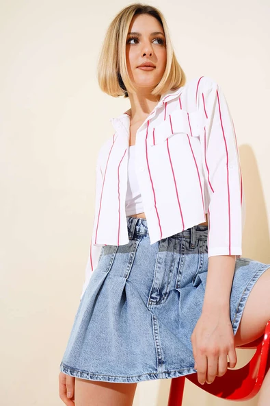 Çizgili Crop Gömlek Fuşya - 2