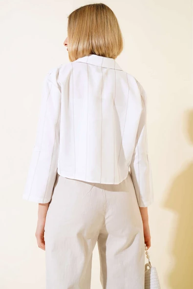 Çizgili Crop Gömlek Latte - 3