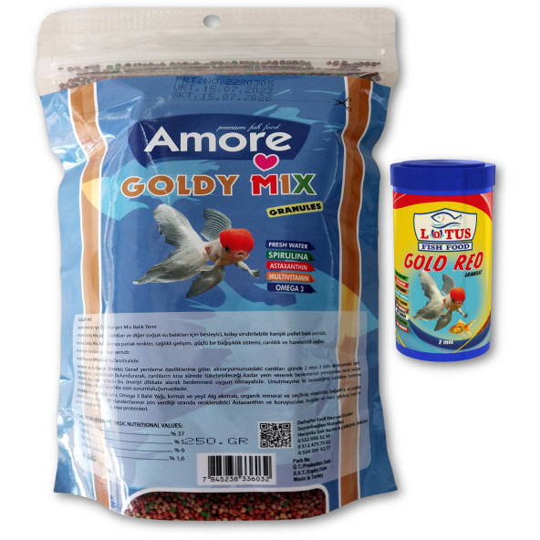 Amore Goldy Mix %37 High Protein 250 gr Granül Japon Yemi Refill Pack ve 100 ml Lotus Gold Red Balık Yemi