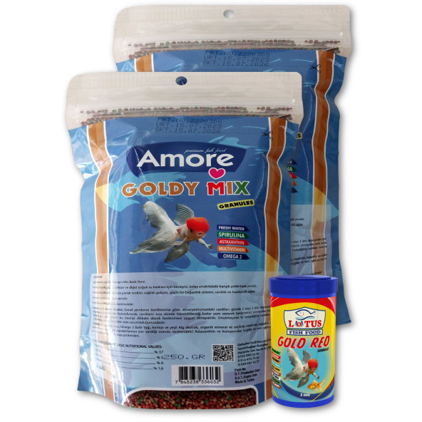 Amore Goldy Mix Granules 2 x 250 gr Yüksek Protein Japon Balığı Yemi ve 100 ml Lotus Gold Red
