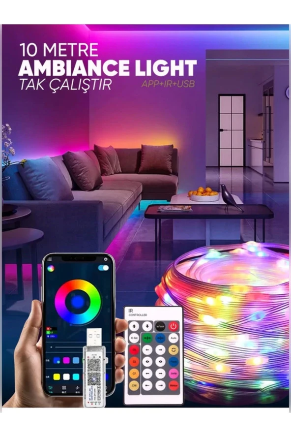 10 Metre Yeni Nesil Sese Duyarlı Kumandalı Bluetooth ile Telefondan Kontrol edilebilir Smart Led