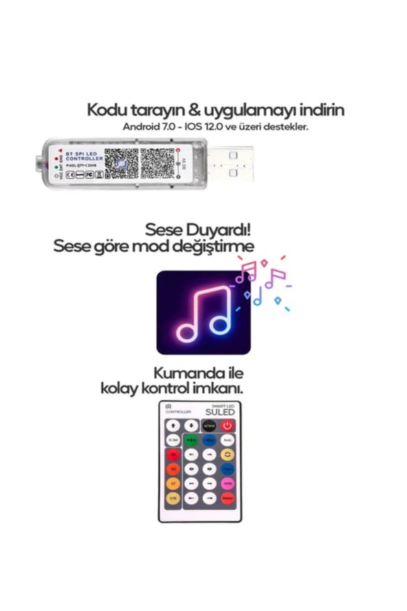 10 Metre Yeni Nesil Sese Duyarlı Kumandalı Bluetooth ile Telefondan Kontrol edilebilir Smart Led - 4