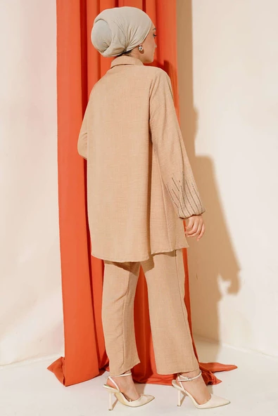 Kolları Taşlı Keten İkili Takım Latte - Resim 3