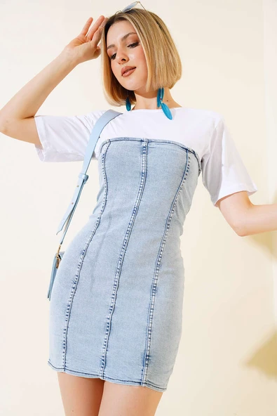 Penye Garnili Kot Elbise Buz Mavisi ürün görseli