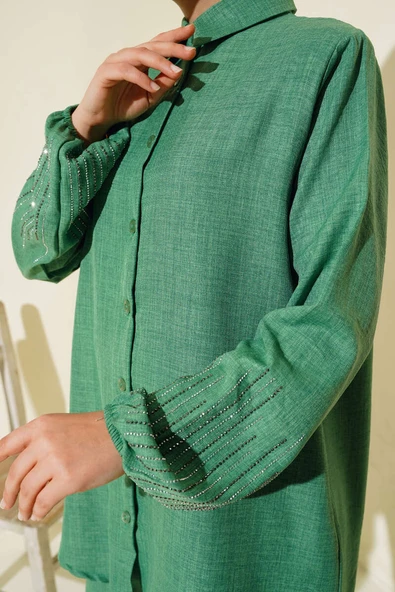 Kolları Taşlı Keten İkili Takım Yeşil - Resim 4