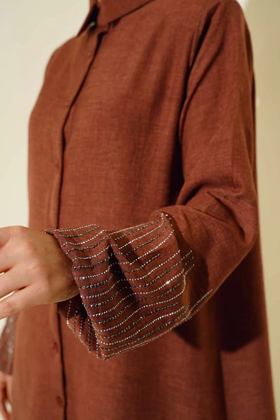 Kolları Taşlı Keten İkili Takım Kahve - Resim 4