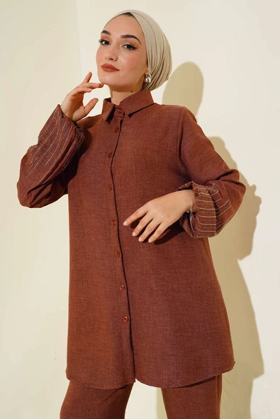 Kolları Taşlı Keten İkili Takım Kahve ürün görseli 1