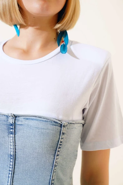 Penye Garnili Kot Elbise Buz Mavisi - Resim 4