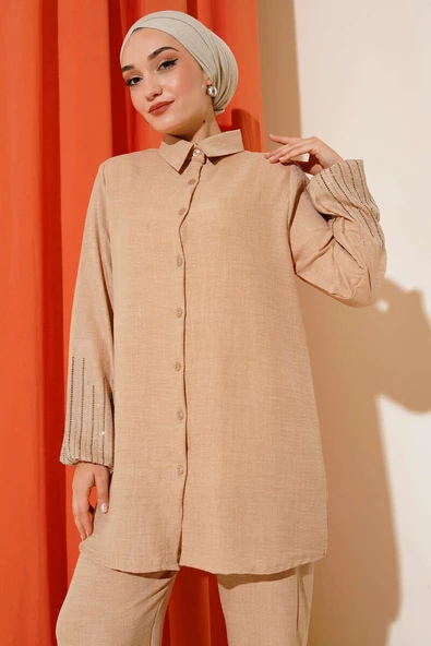 Kolları Taşlı Keten İkili Takım Latte - Resim 2