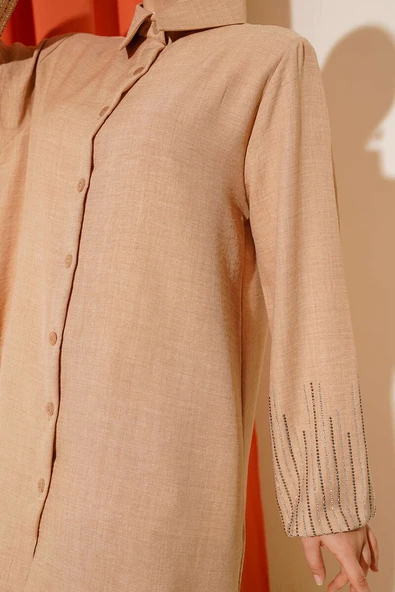 Kolları Taşlı Keten İkili Takım Latte - Resim 4