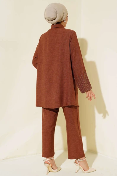Kolları Taşlı Keten İkili Takım Kahve - Resim 3