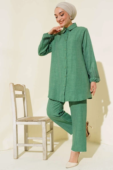 Kolları Taşlı Keten İkili Takım Yeşil ürün görseli 1