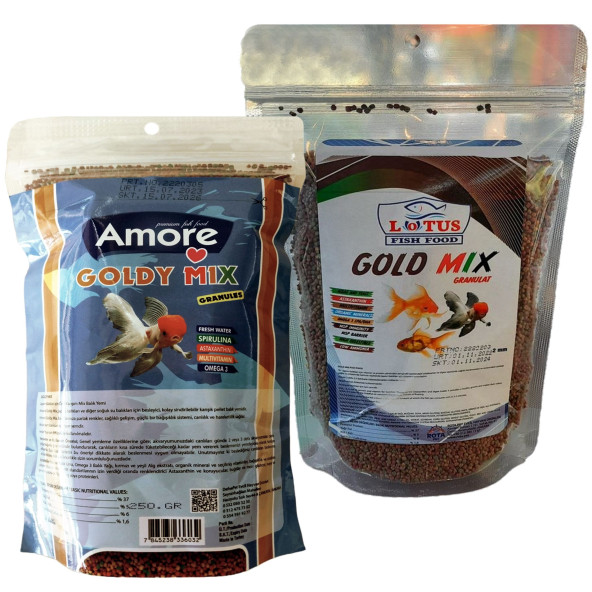 Amore Goldy Mix %37 Yüksek Protein 250 gr Granül Japon Yemi ve 250 gr Lotus Gold Mix ZipPack Poşet